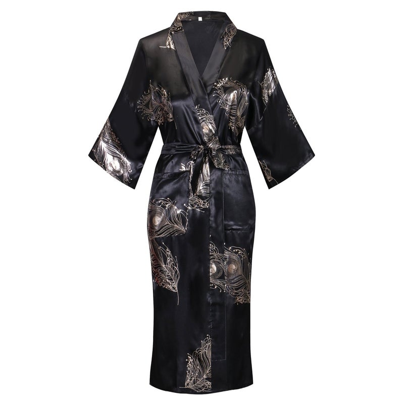 Valennia Women Long Silky Bathrobe Satin Kimono Robe Floral Printed Dressing Gown Sleepwear Black and Feather - Image 1